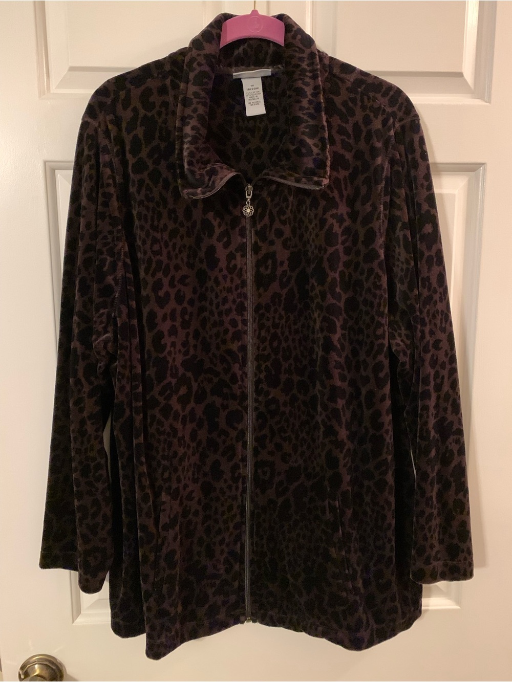 Catherines Black and Brown Leopard Velvety feel Zip-Front Jacket